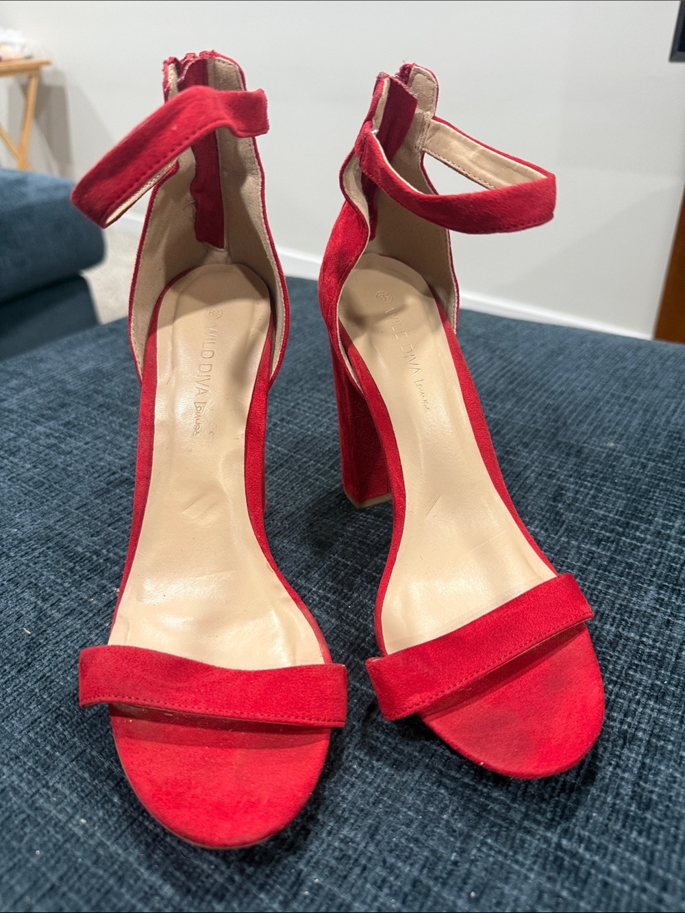 Wild Diva Red Suede Ankle-Strap Block Heels
